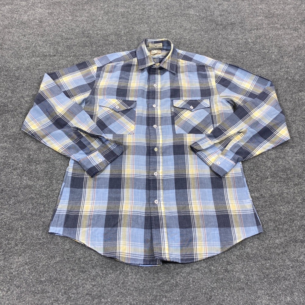 Vintage Levis Plaid Button Down Shirt Mens Medium Blue Yellow Long Sleeve